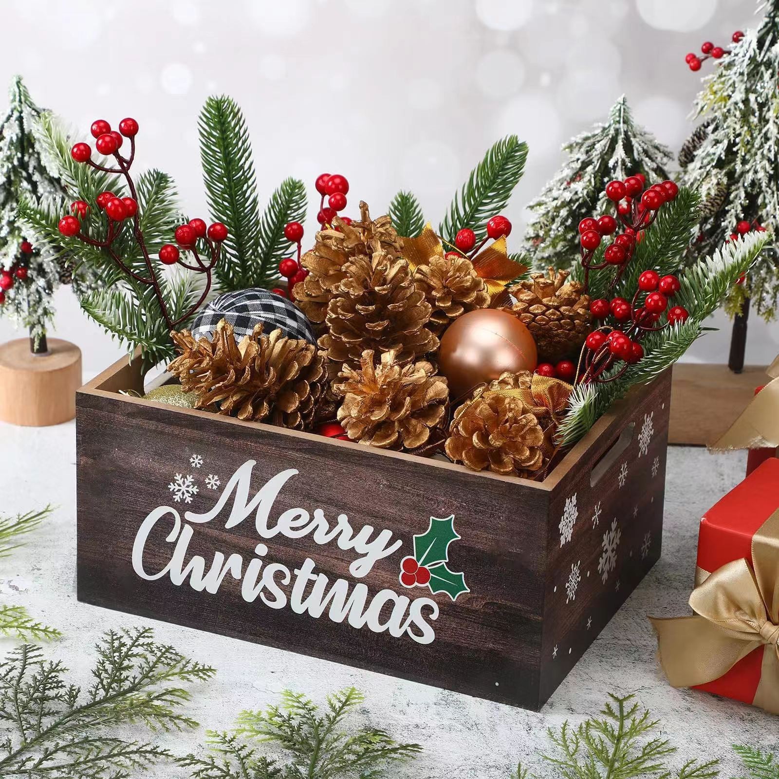 Cross-border wooden Christmas holiday storage box props display storage rack Wooden decoration box candy box dried fruit box