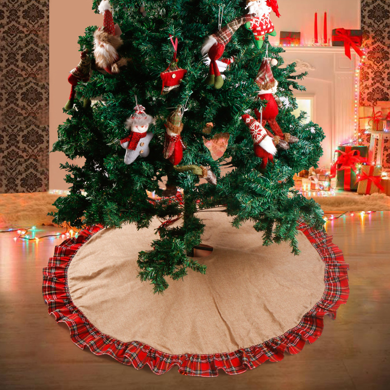 120cm red plaid linen Christmas tree skirt Scottish Christmas decorations patchwork Christmas tree apron